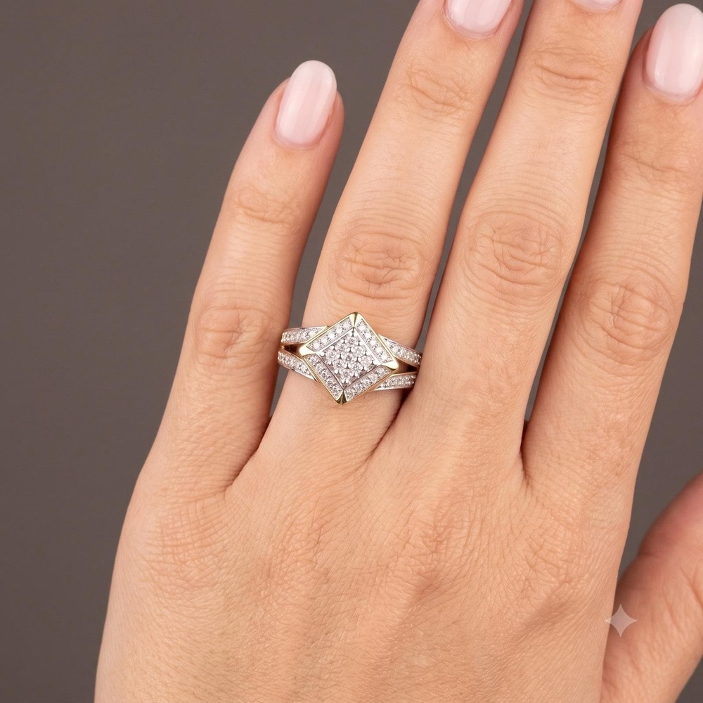 Two-Tone 925 Silver Diamond Accent Geometric Kite Ring Split Shank Sz 6.25